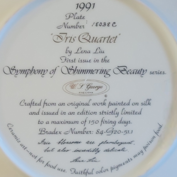 Vtg 91 Iris Quartet Lena Liu Butterfly Gold Accents Ceramic Plate 8.5" - Picture 3 of 3